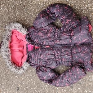 London Fog Puffer Faux Fur Lined Hood Jacket M Girls 10-12 Grey Pink Winter Coat